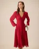 Women's Red V-Neck Puff Sleeve Slit Midi Dress sold by rihoas
