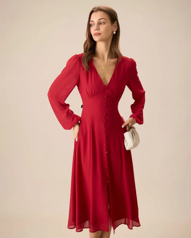 Women's Red V-Neck Puff Sleeve Slit Midi Dress sold by rihoas