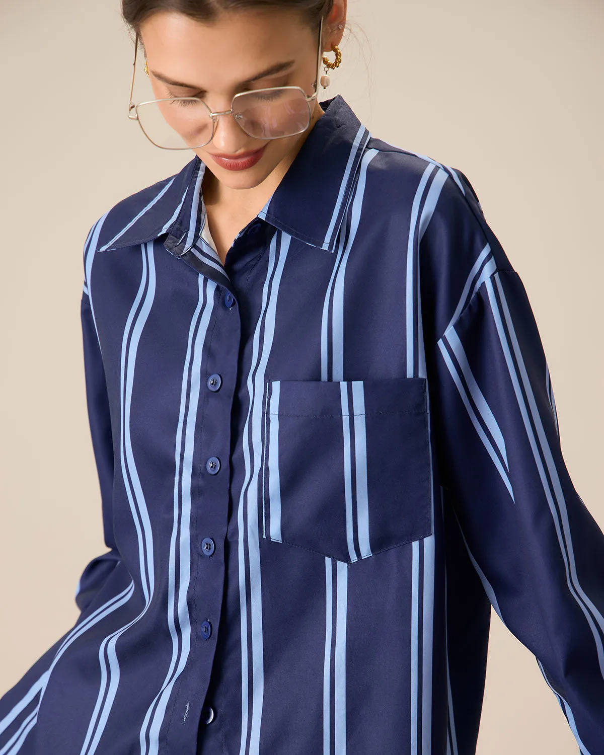 Women's Navy Striped Pocket Shirt sold by rihoas product image thumbnail 2