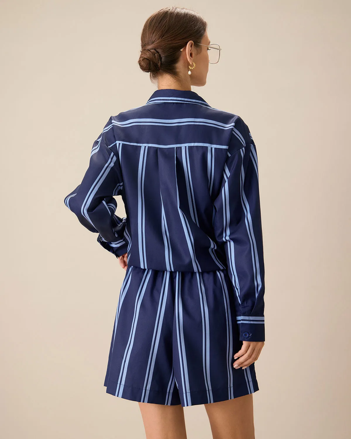 Women's Navy Striped Elastic Waist Shorts sold by rihoas product image thumbnail 4