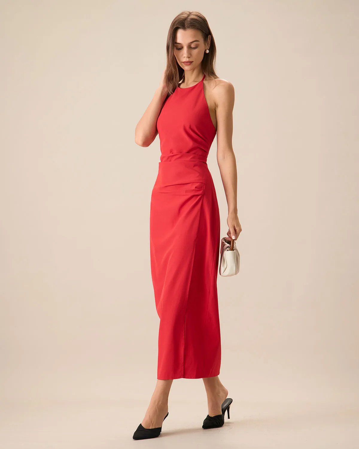 Women's Red Shirred Halter Maxi Dress sold by rihoas