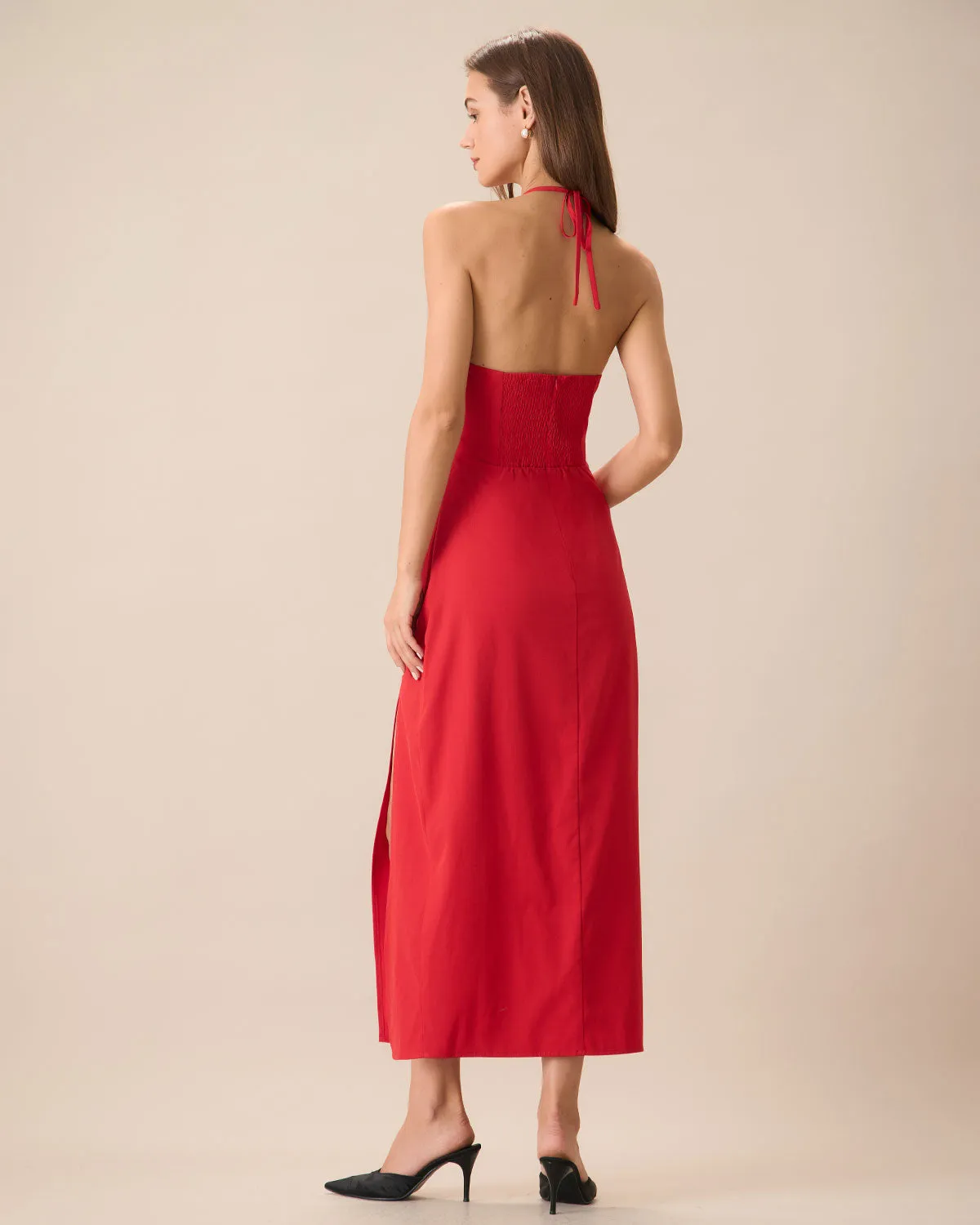 Women's Red Shirred Halter Maxi Dress sold by rihoas product image thumbnail 4
