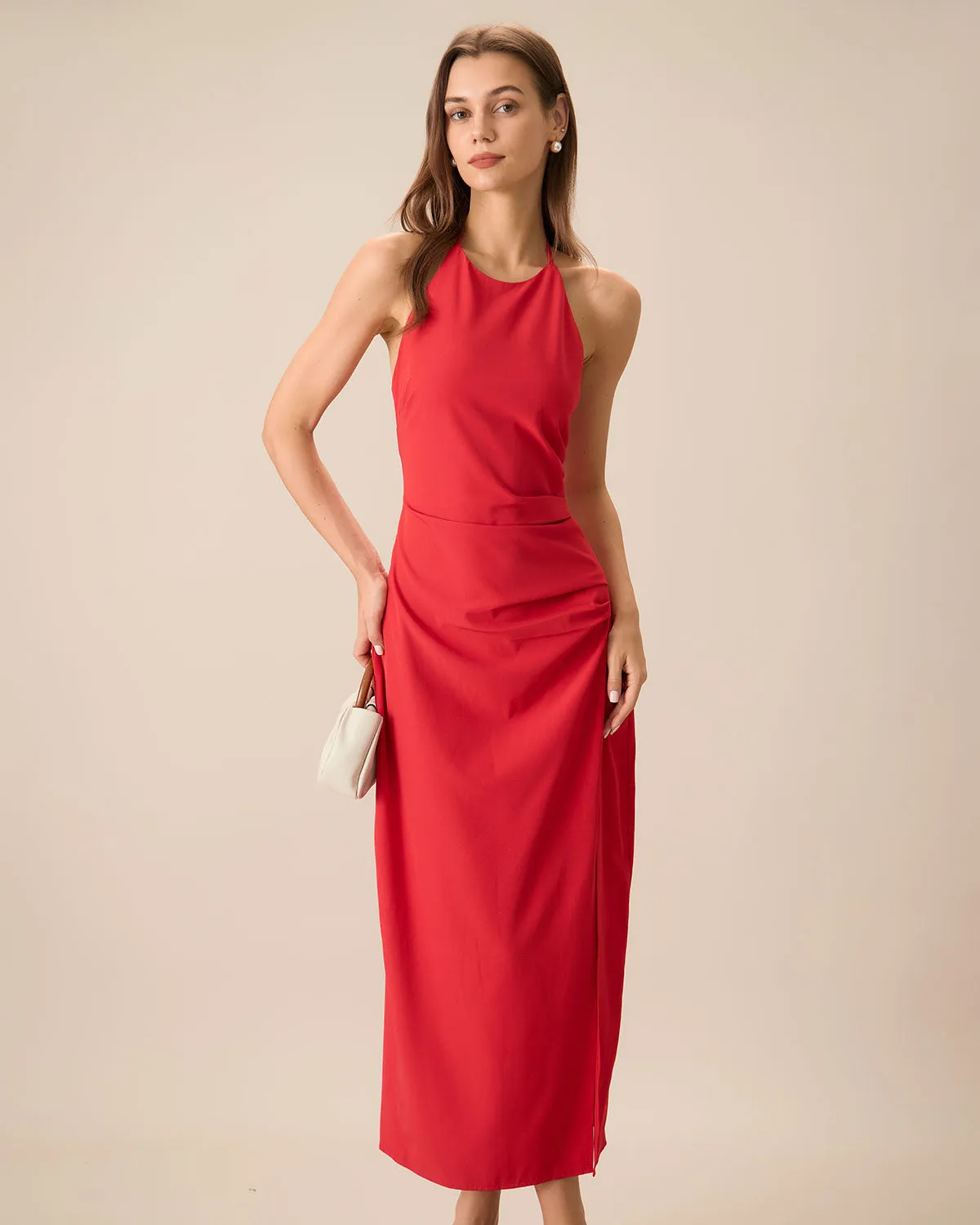 Women's Red Shirred Halter Maxi Dress sold by rihoas product image thumbnail 3