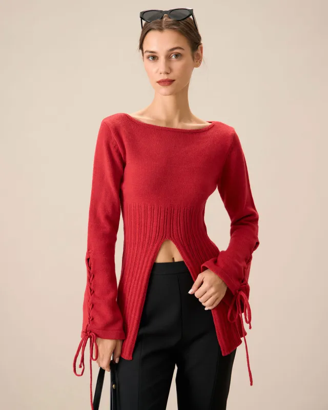 Red Bell Sleeve Slit Sweater sold by rihoas