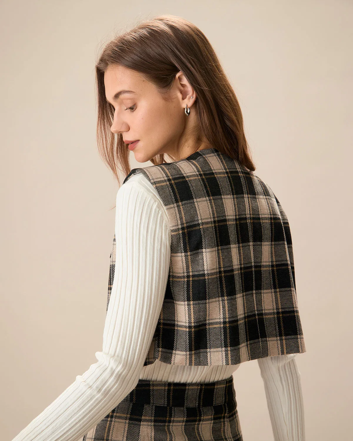 Black Plaid Single-Breasted Vest sold by rihoas product image thumbnail 3