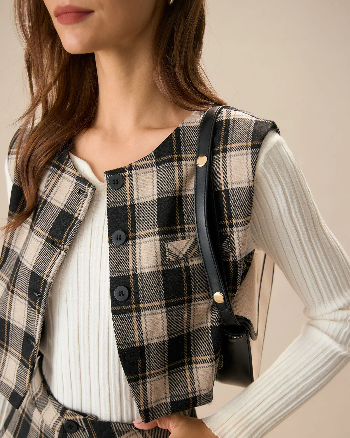 Black Plaid Single-Breasted Vest sold by rihoas product image thumbnail 2