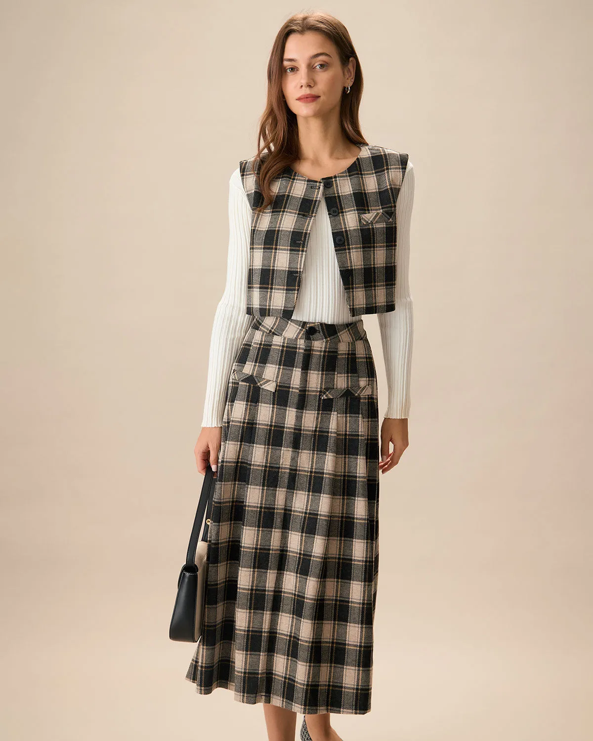Black Plaid A-line Midi Skirt sold by rihoas product image thumbnail 4
