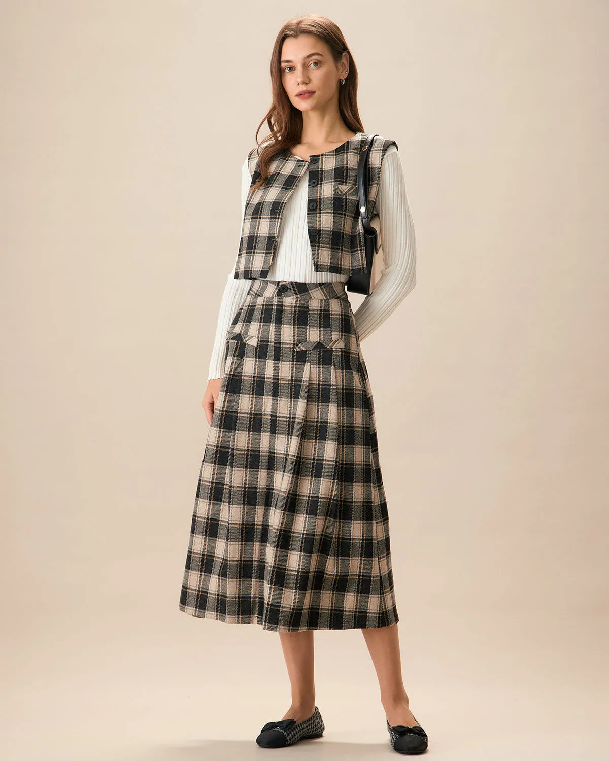 Black Plaid A-line Midi Skirt sold by rihoas product image thumbnail 3