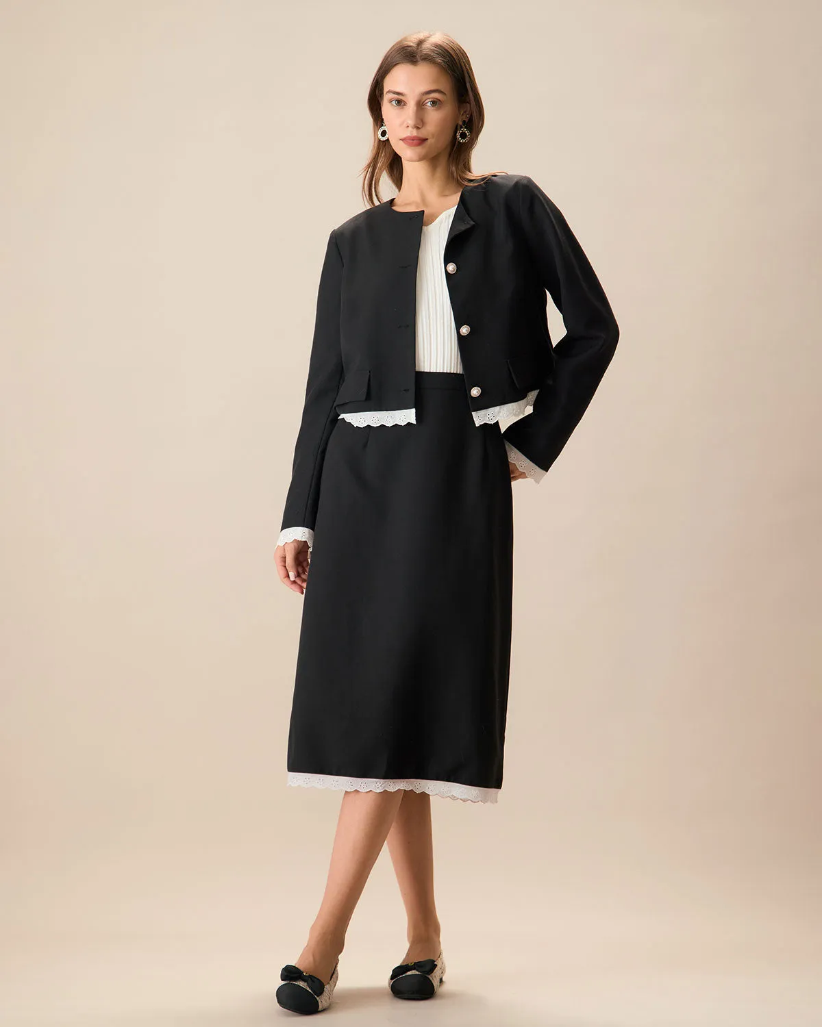 Black Contrasting Slit Midi Skirt sold by rihoas product image thumbnail 4