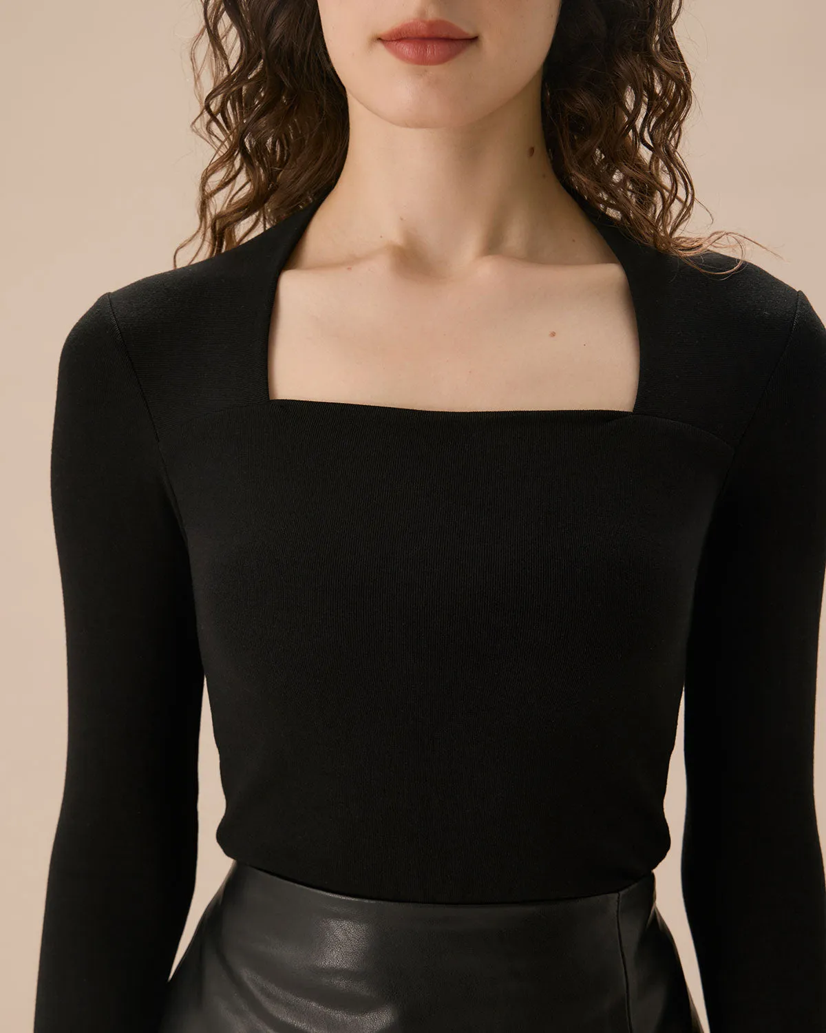 Black Square Neck Slim Knit Tee sold by rihoas product image thumbnail 2