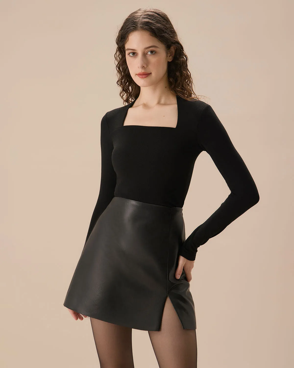 Black Square Neck Slim Knit Tee sold by rihoas