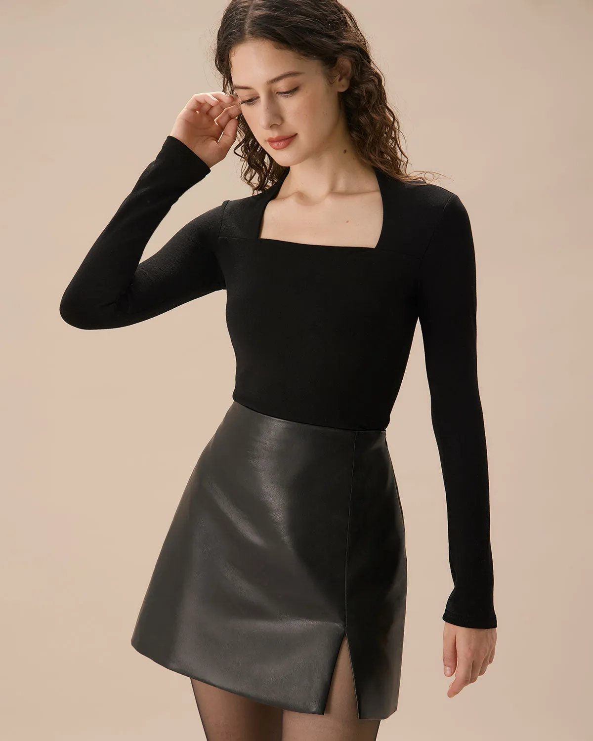 Black Square Neck Slim Knit Tee sold by rihoas product image thumbnail 3