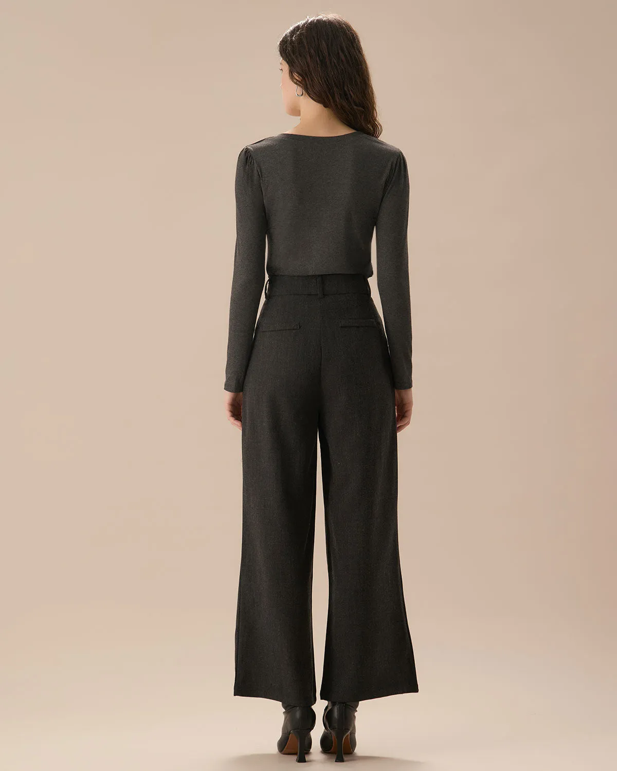 Grey Pleated Straight Wide-Leg Pants sold by rihoas product image thumbnail 4