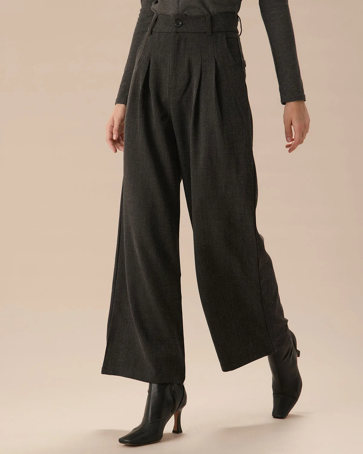 Grey Pleated Straight Wide-Leg Pants sold by rihoas