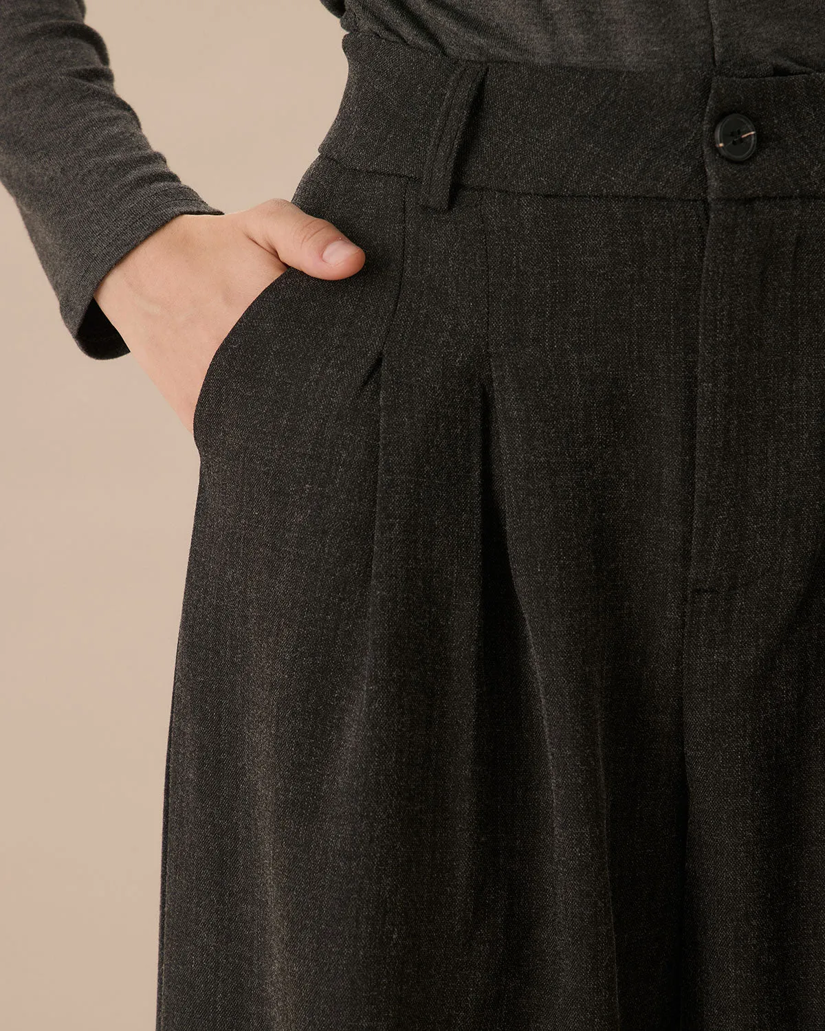 Grey Pleated Straight Wide-Leg Pants sold by rihoas product image thumbnail 2