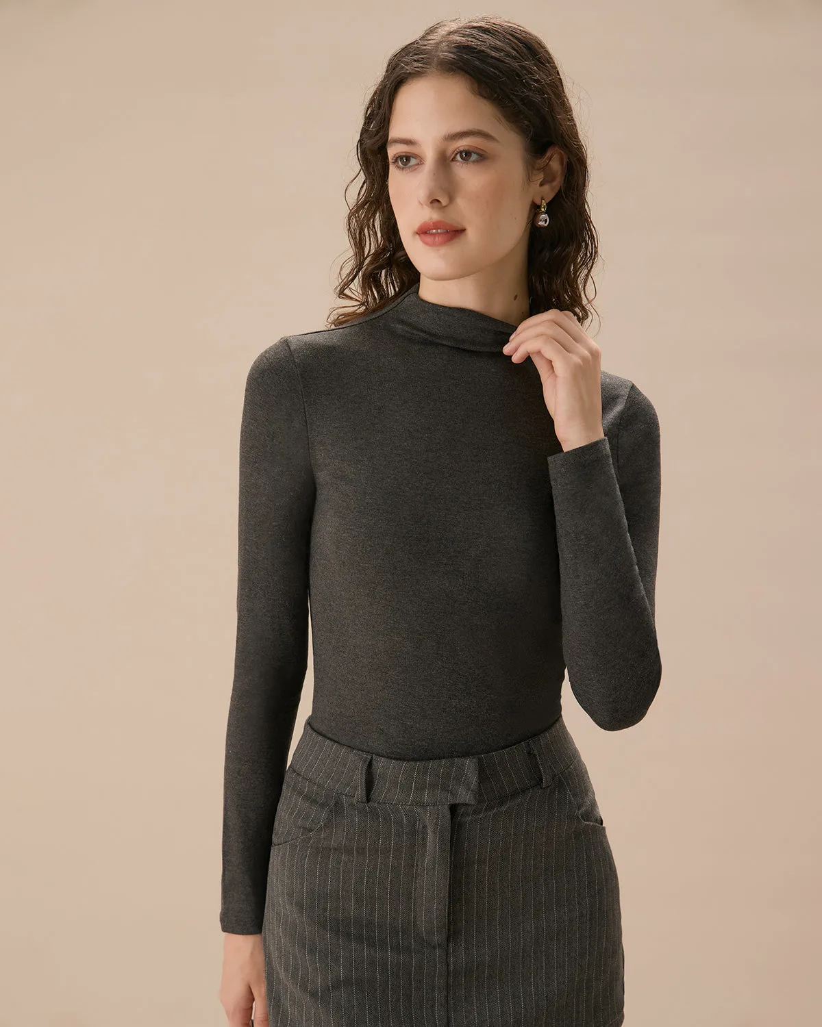 Grey Mock Neck Slim Tees sold by rihoas product image thumbnail 2