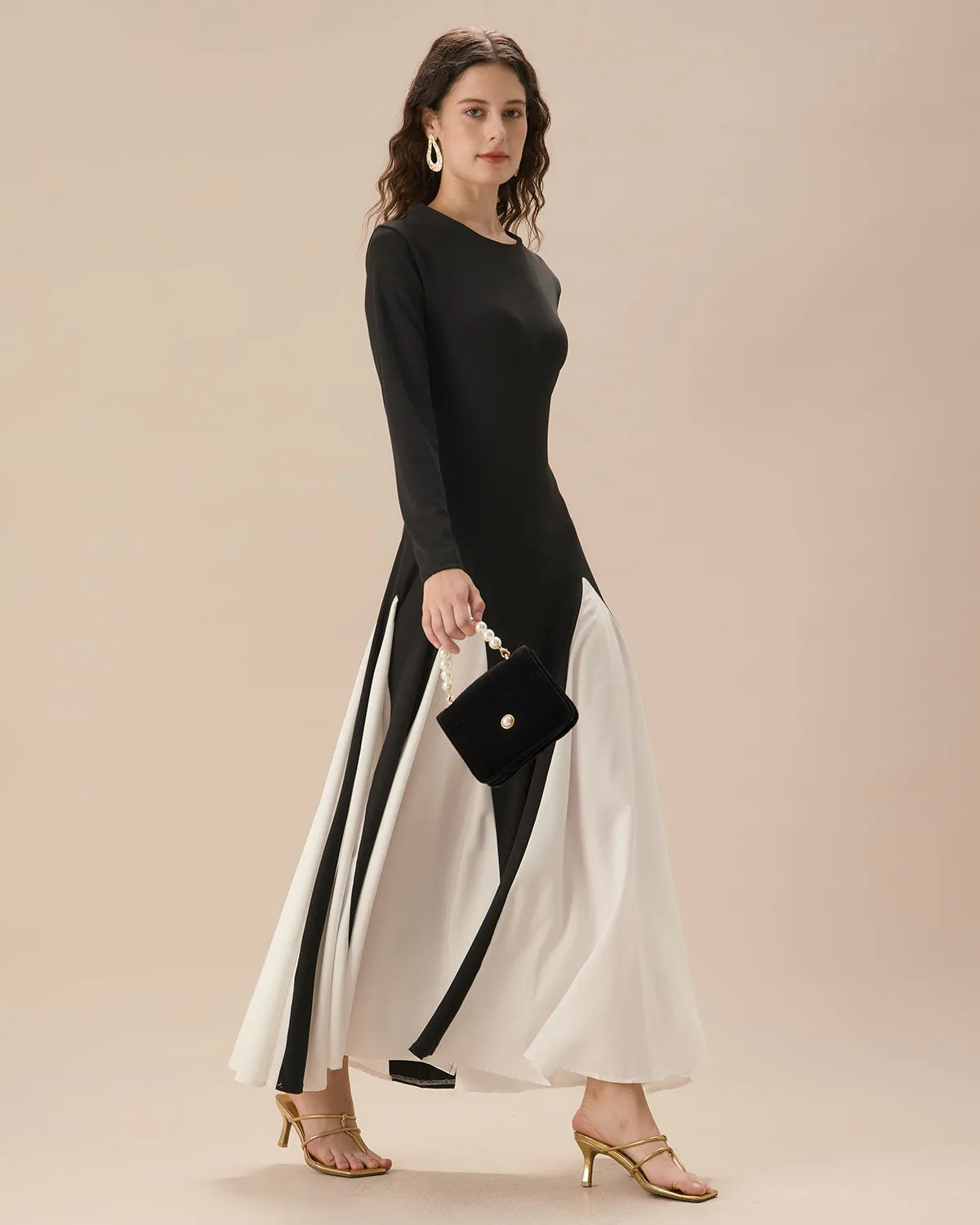 Black Contrasting Long Sleeve Maxi Dress sold by rihoas product image thumbnail 2