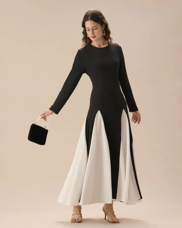 Black Contrasting Long Sleeve Maxi Dress sold by rihoas
