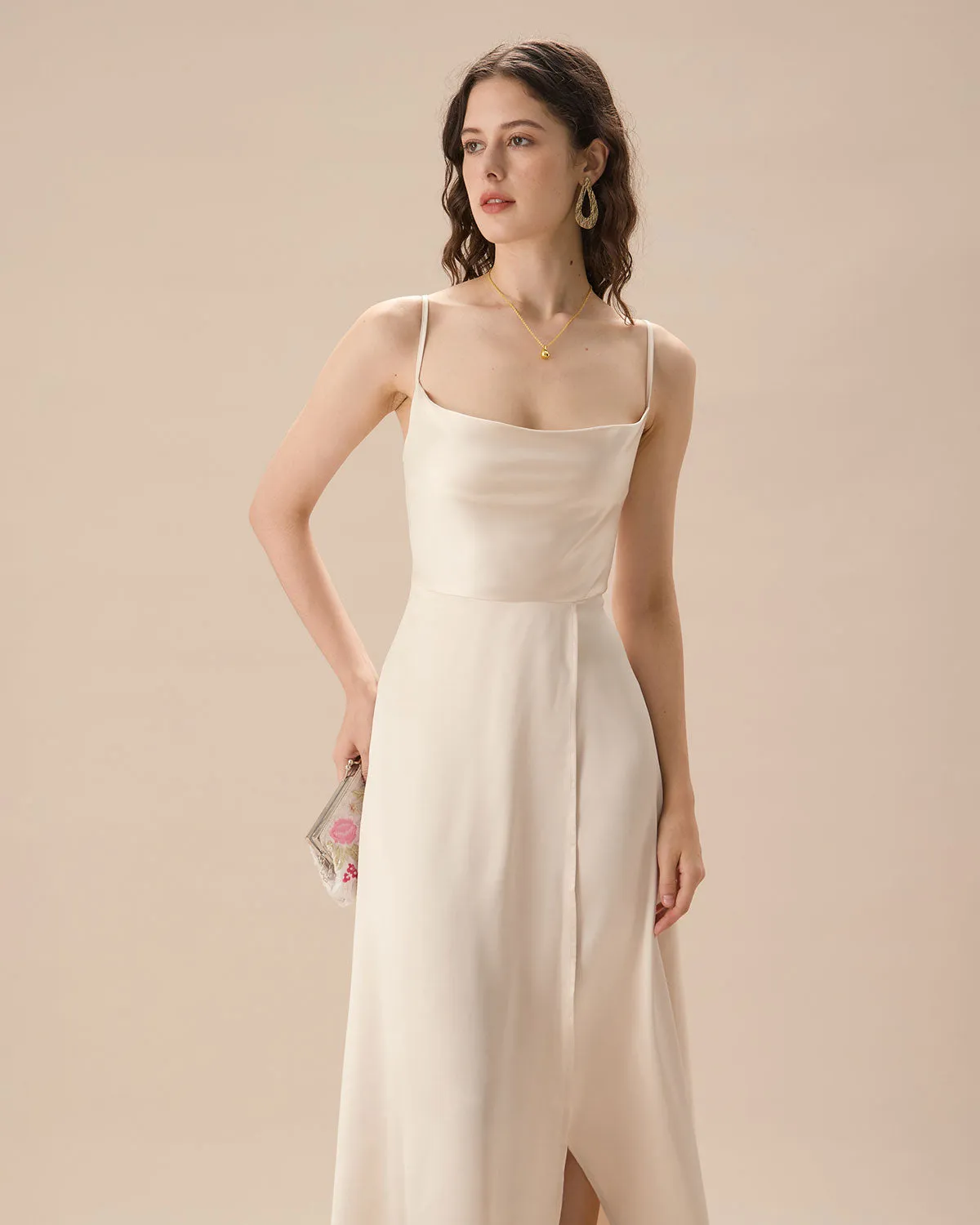 Apricot Satin Cowl Neck Slip Maxi Dress sold by rihoas product image thumbnail 2