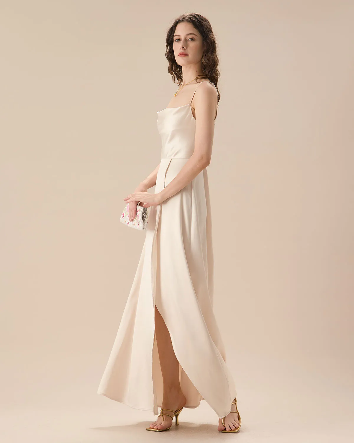 Apricot Satin Cowl Neck Slip Maxi Dress sold by rihoas product image thumbnail 3