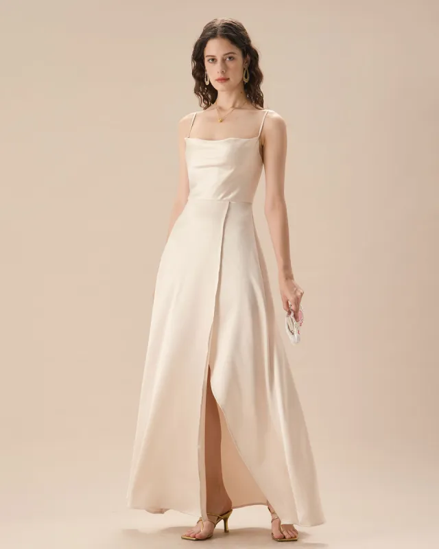 Apricot Satin Cowl Neck Slip Maxi Dress sold by rihoas