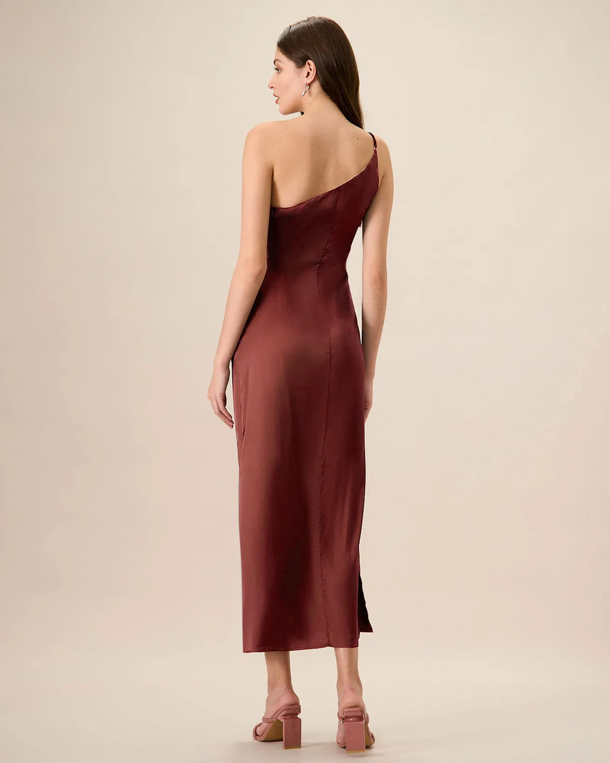Red One-shoulder Satin Maxi Dress sold by rihoas product image thumbnail 4