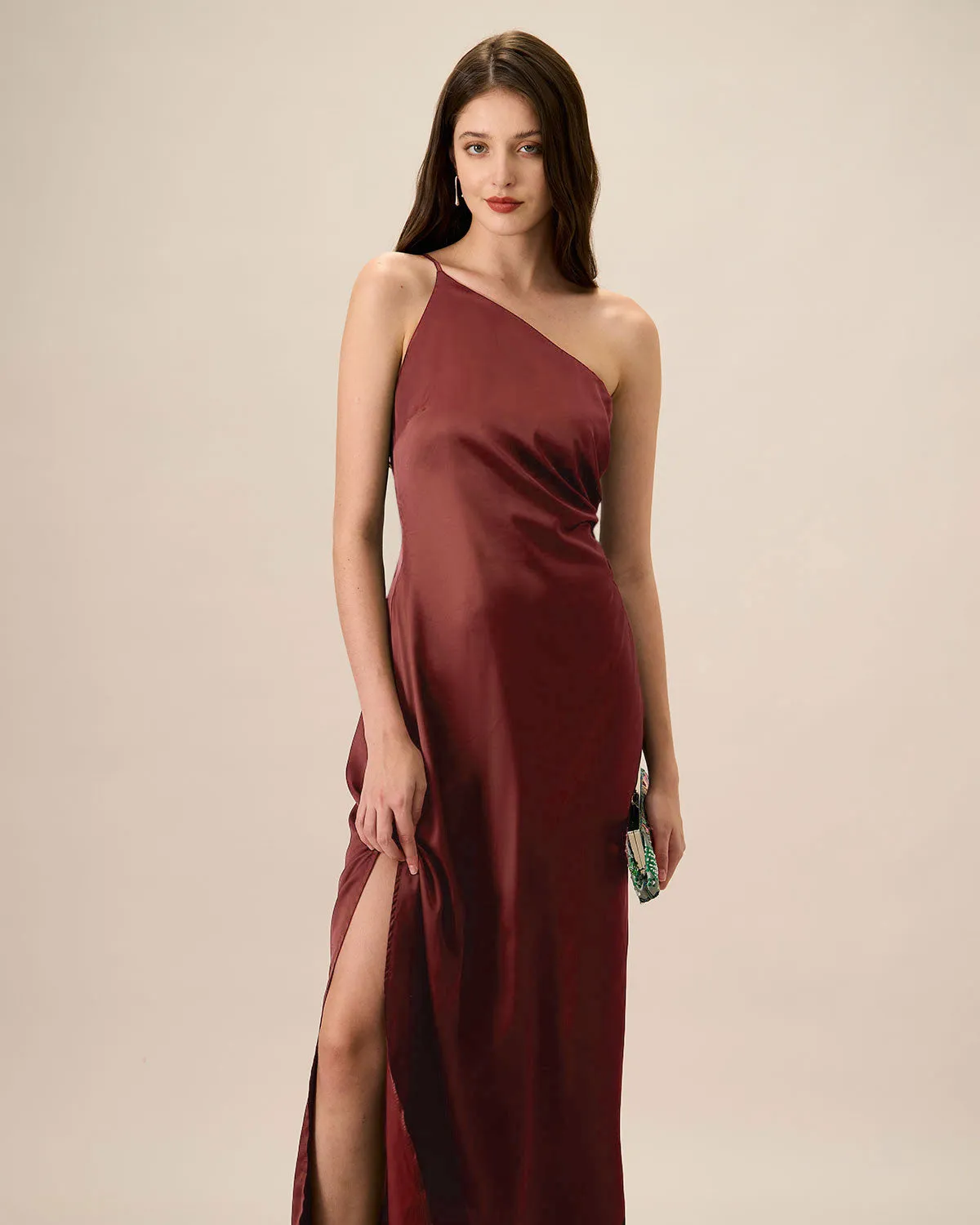 Red One-shoulder Satin Maxi Dress sold by rihoas