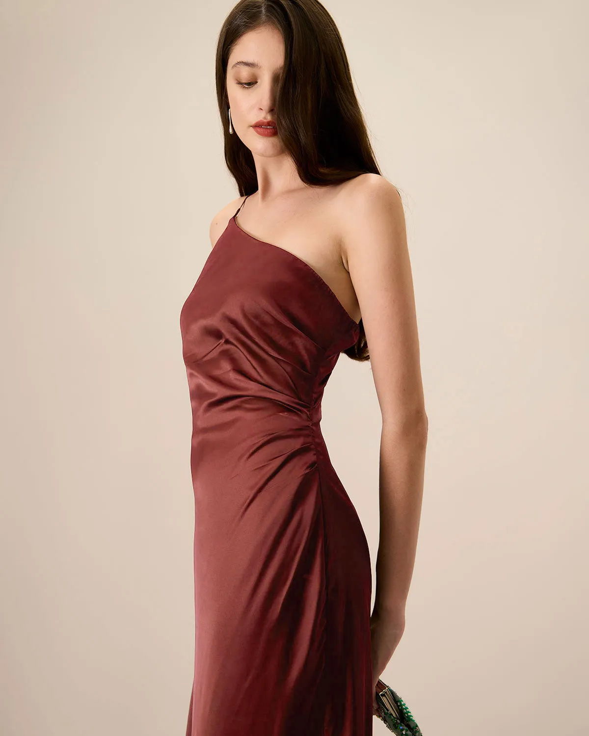Red One-shoulder Satin Maxi Dress sold by rihoas product image thumbnail 2