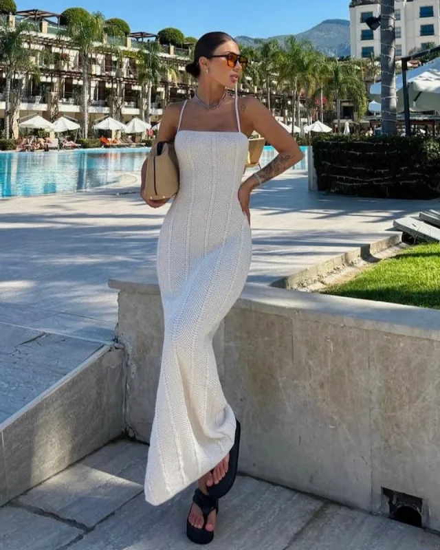 White Backless Bodycon Slip Maxi Dress sold by rihoas