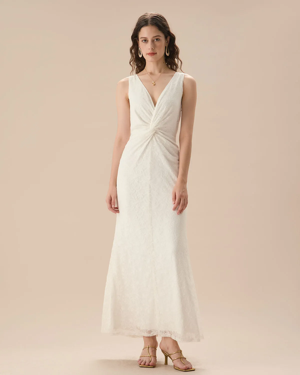 White Lace Twist Backless Maxi Dress sold by rihoas
