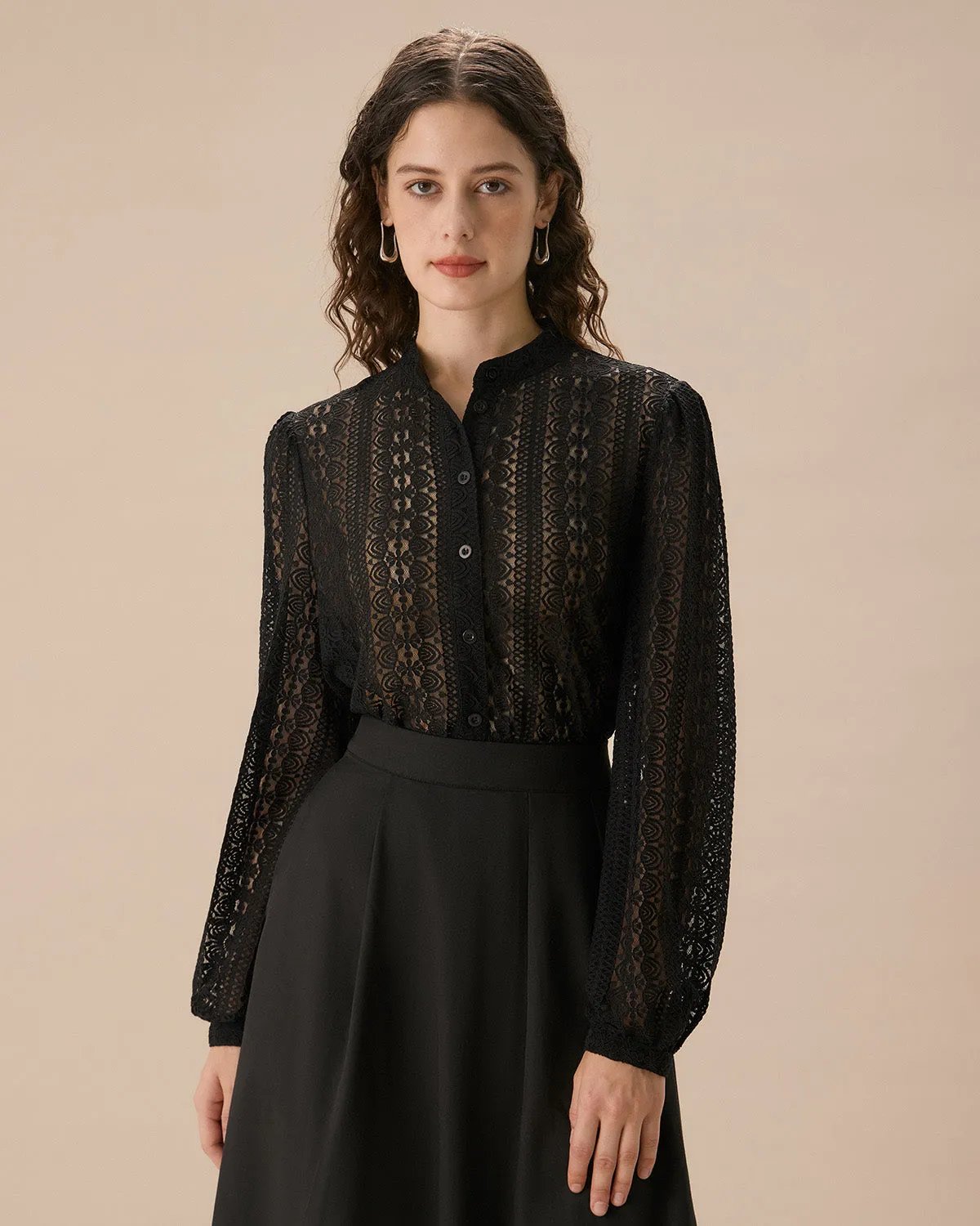 Black Lace Lantern Sleeve Blouse sold by rihoas