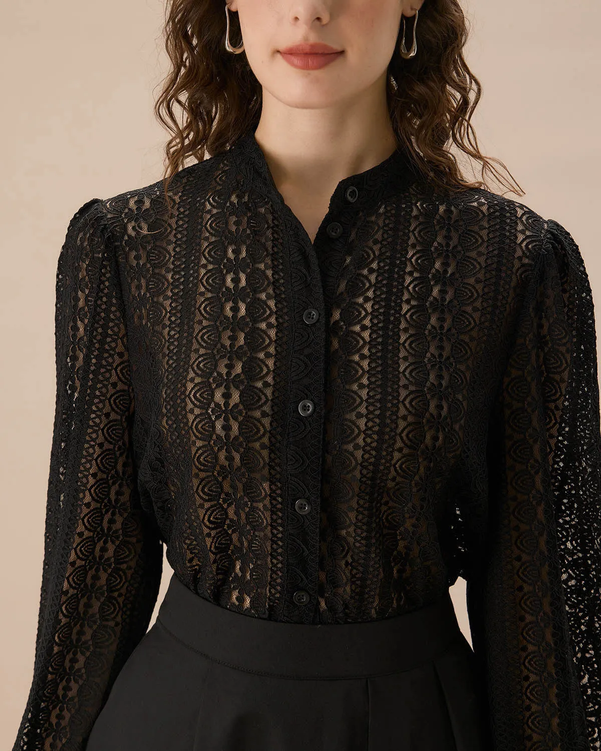 Black Lace Lantern Sleeve Blouse sold by rihoas product image thumbnail 2