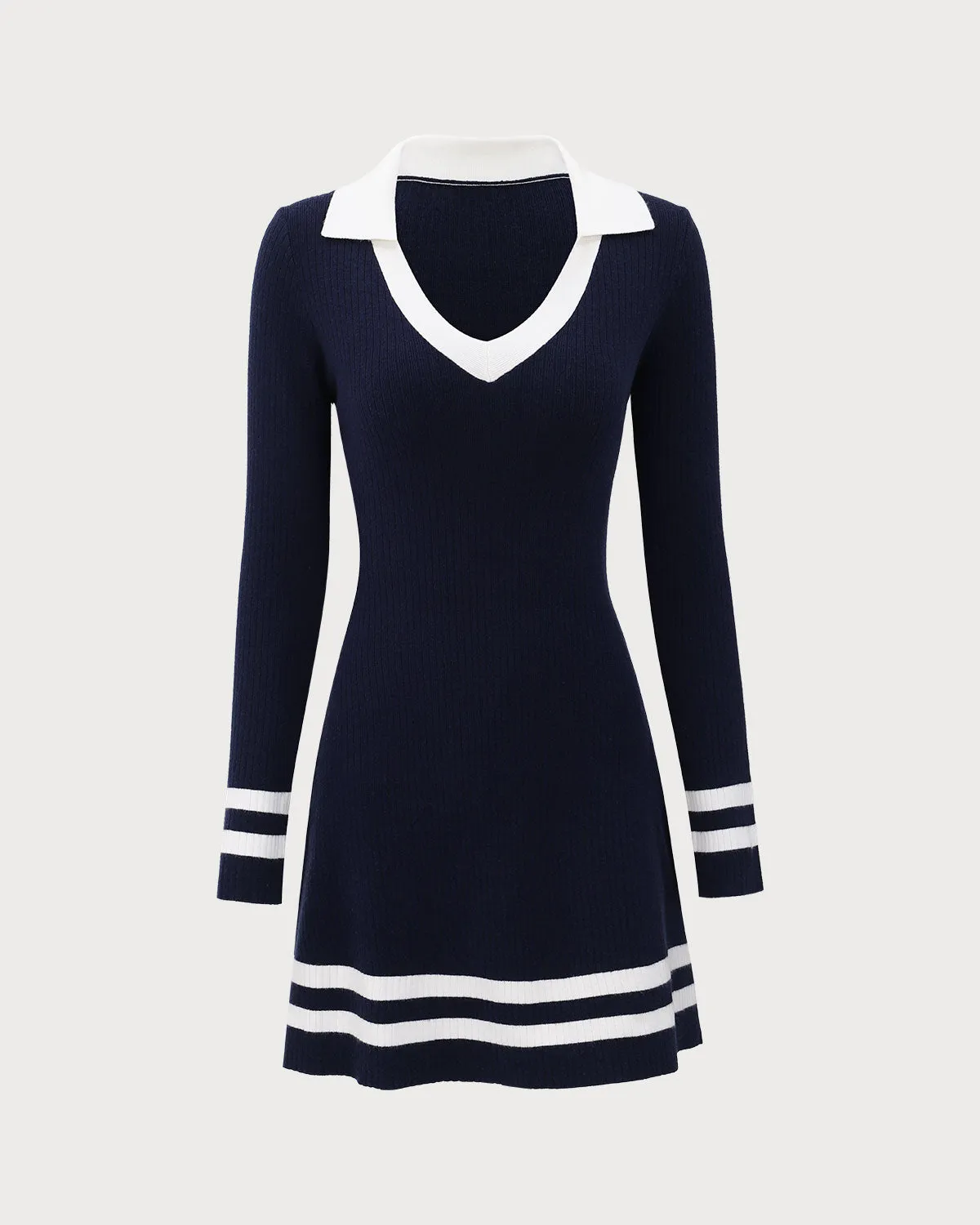 Navy Contrasting V Neck Striped Sweater Dress sold by rihoas