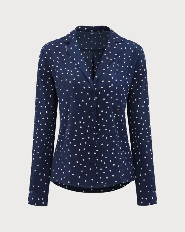 Navy V Neck Polka Dot Pocket Blouse sold by rihoas