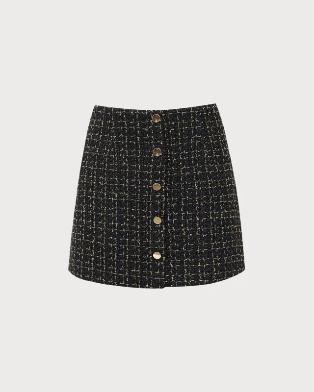 Black High-waisted Button Tweed Skirt sold by rihoas