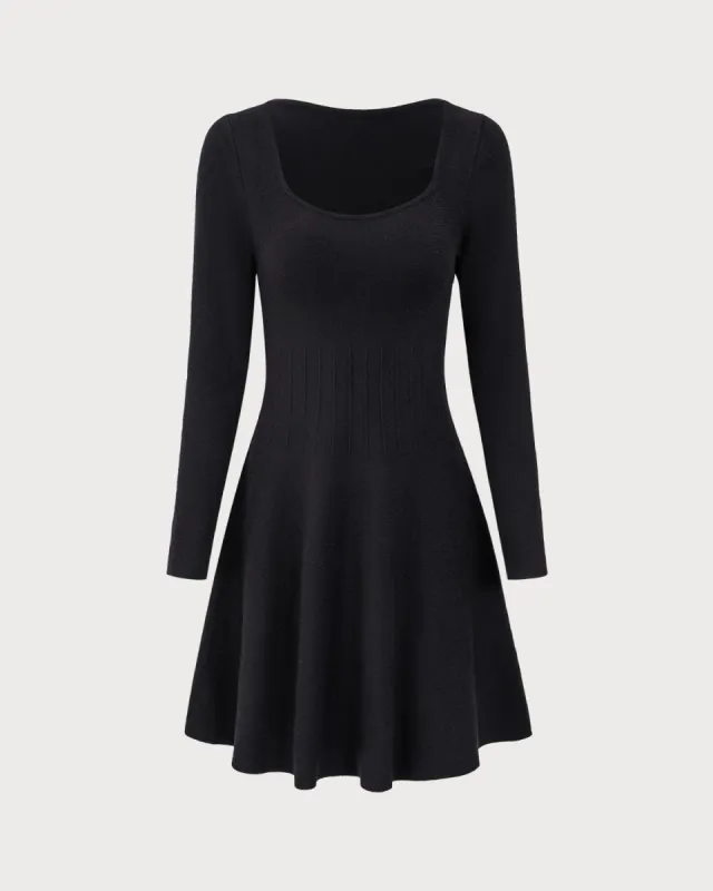 Black Square Neck Ribbed Sweater Dress sold by rihoas