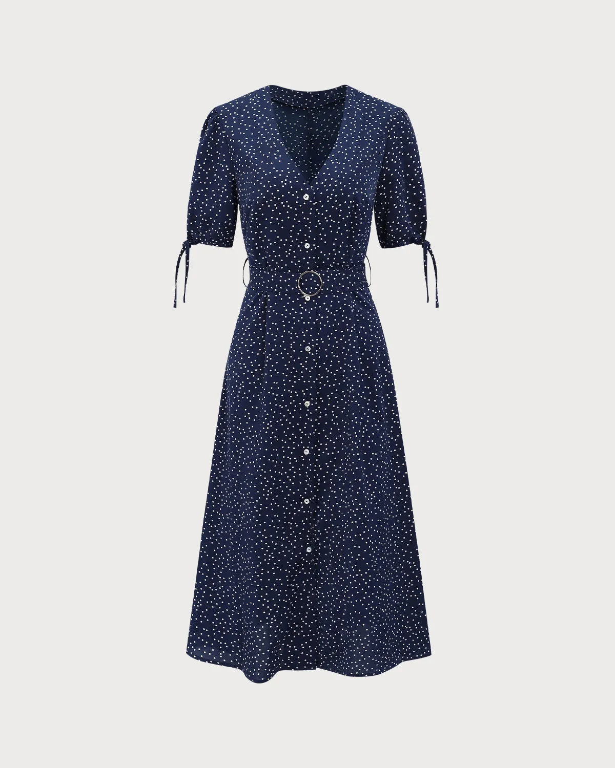 Navy Polka Dot Belted Midi Dress sold by rihoas