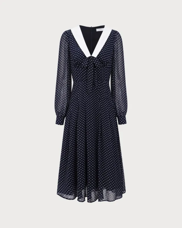 Navy Contrasting V Neck Chiffon Midi Dress sold by rihoas