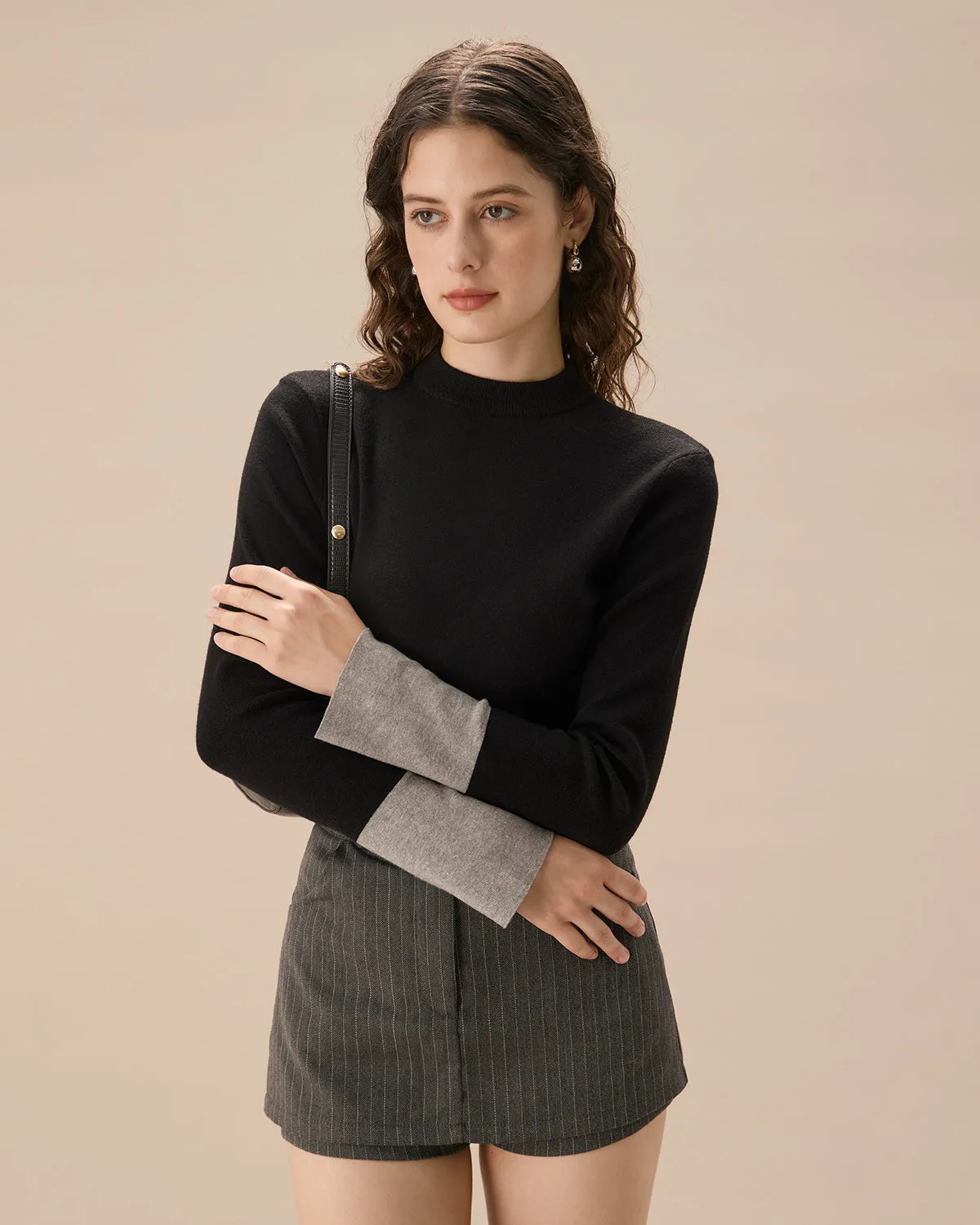 Black Contrasting Slim Knit Tee sold by rihoas product image thumbnail 2