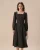 Black Square Neck Puffed Sleeve Midi Dress sold by rihoas