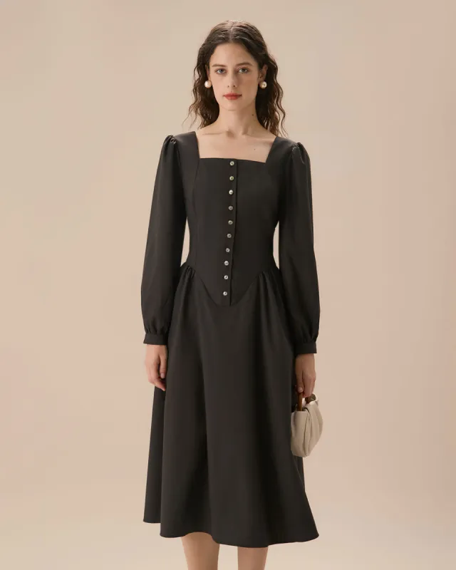 Black Square Neck Puffed Sleeve Midi Dress sold by rihoas