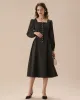 Black Square Neck Puffed Sleeve Midi Dress sold by rihoas