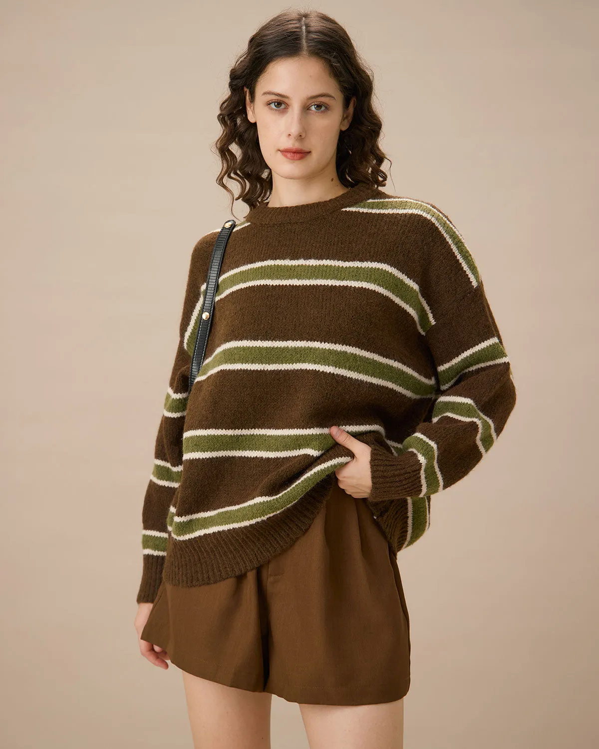 Coffee Round Neck Drop Shoulder Sweater sold by rihoas