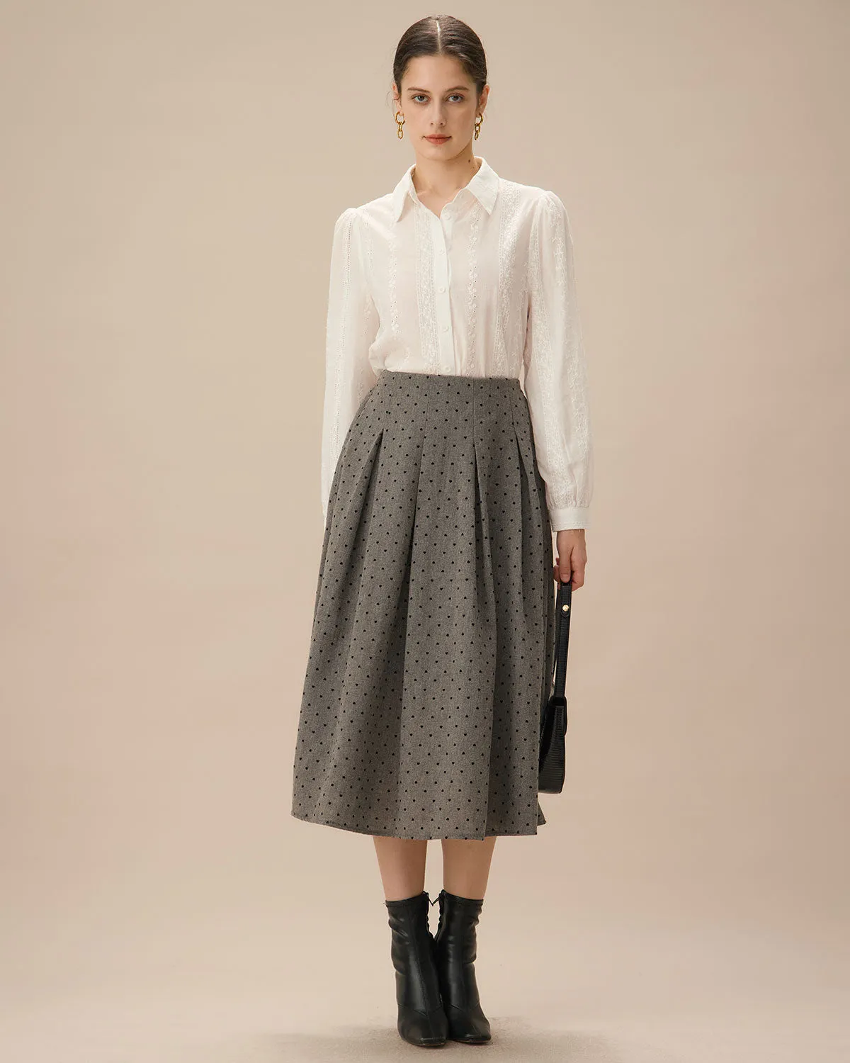 Grey Polka Dot Pleated Midi Skirt sold by rihoas