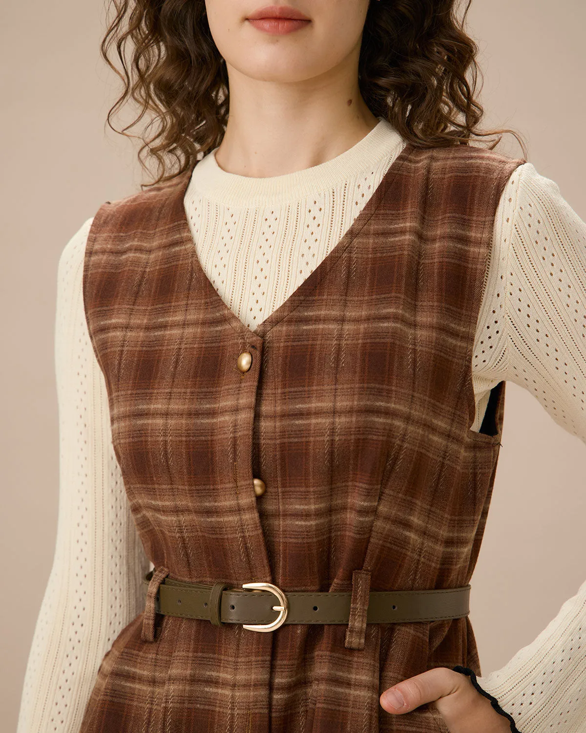 Coffee V Neck Sleeveless Plaid Midi Dress sold by rihoas product image thumbnail 2