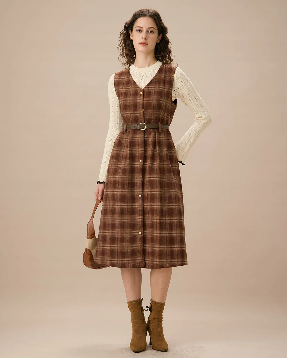Coffee V Neck Sleeveless Plaid Midi Dress sold by rihoas product image thumbnail 3