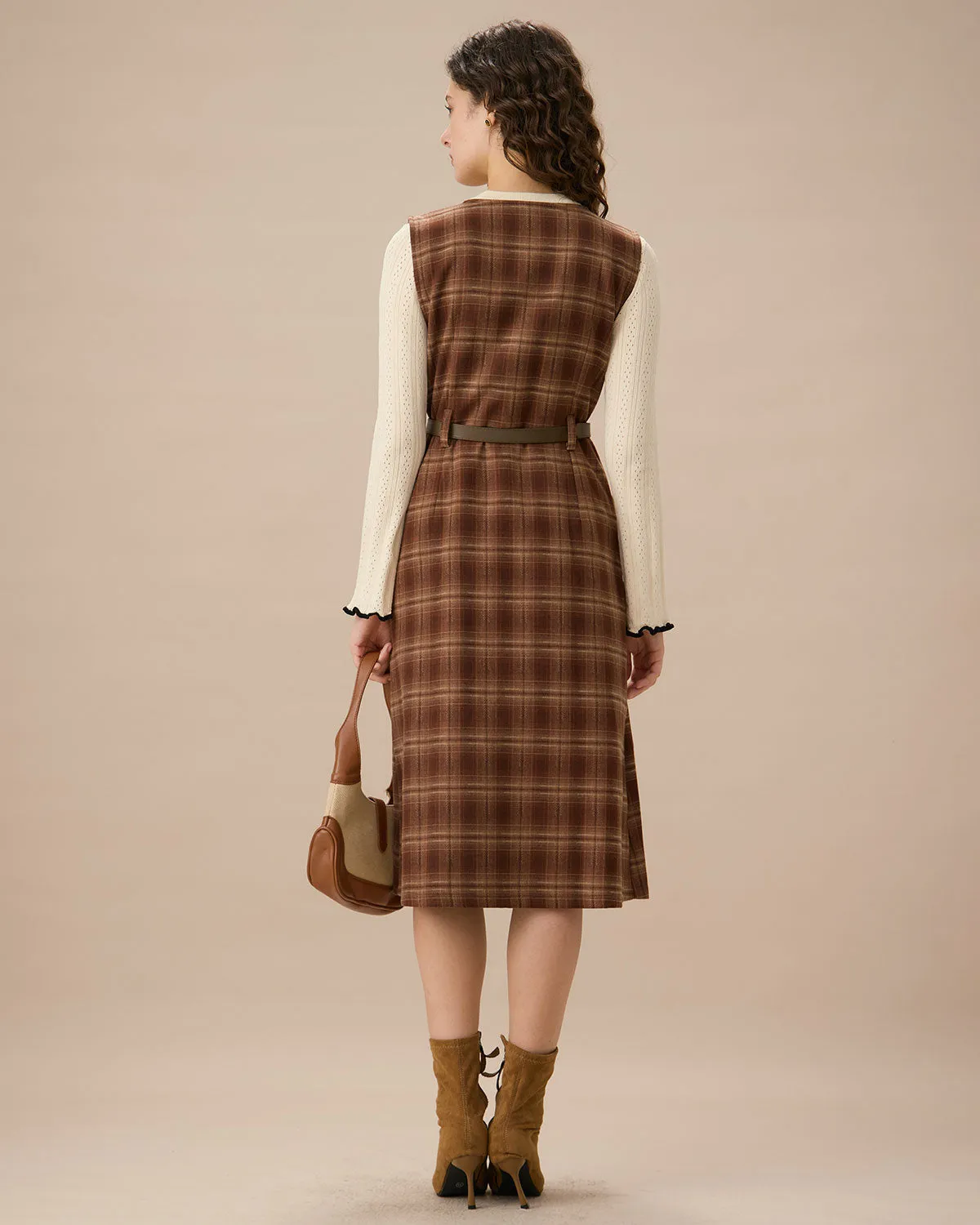 Coffee V Neck Sleeveless Plaid Midi Dress sold by rihoas product image thumbnail 4