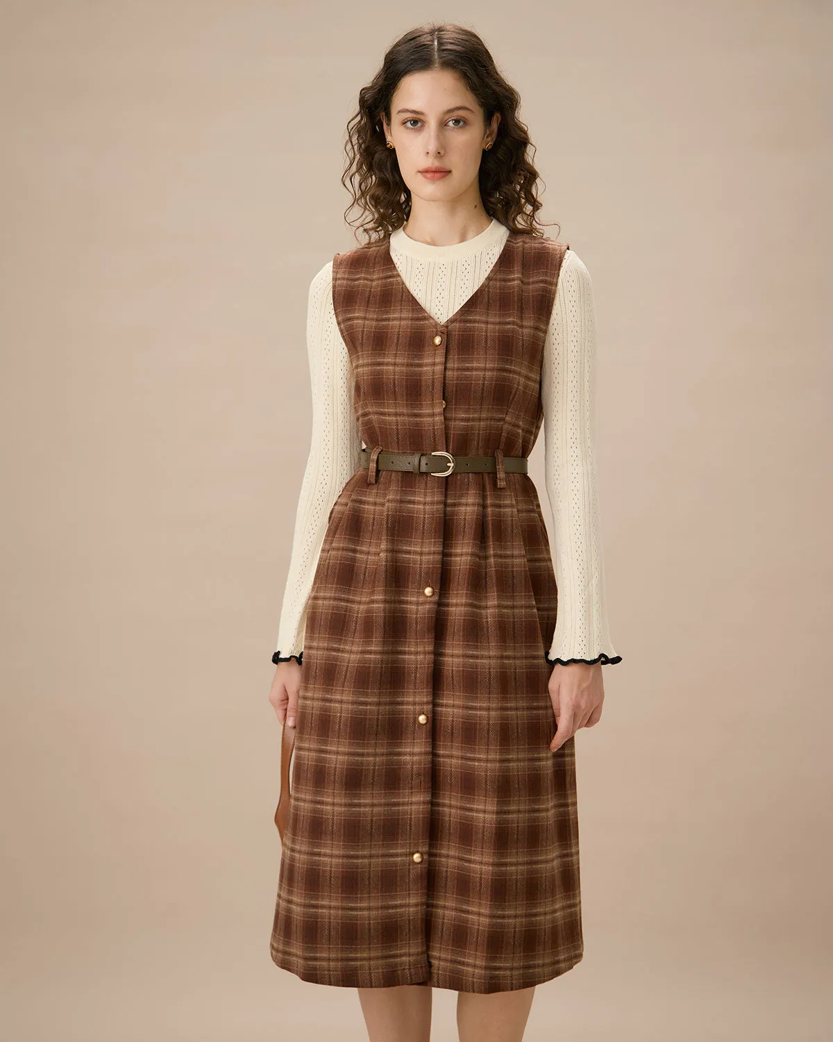 Coffee V Neck Sleeveless Plaid Midi Dress sold by rihoas