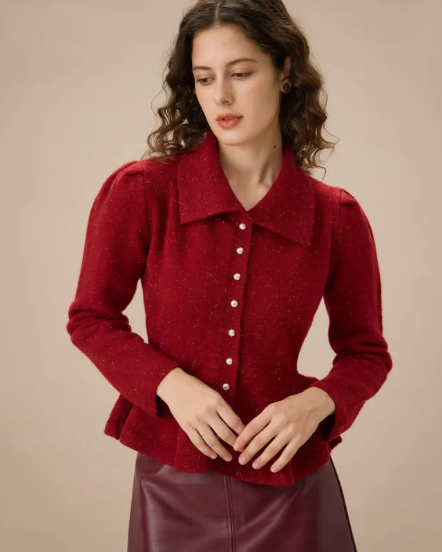 Red Collared Single-breasted Ruffle Cardigan sold by rihoas