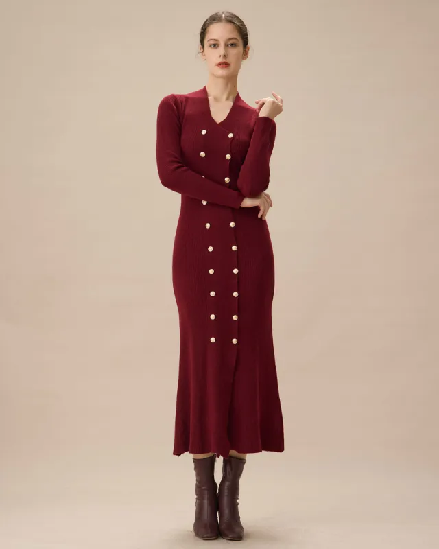 Red V Neck Button Bodycon Sweater Dress sold by rihoas